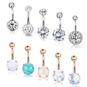 14G Rose Gold and Silver with Cubic Zirconia Belly Rings - Set of 10